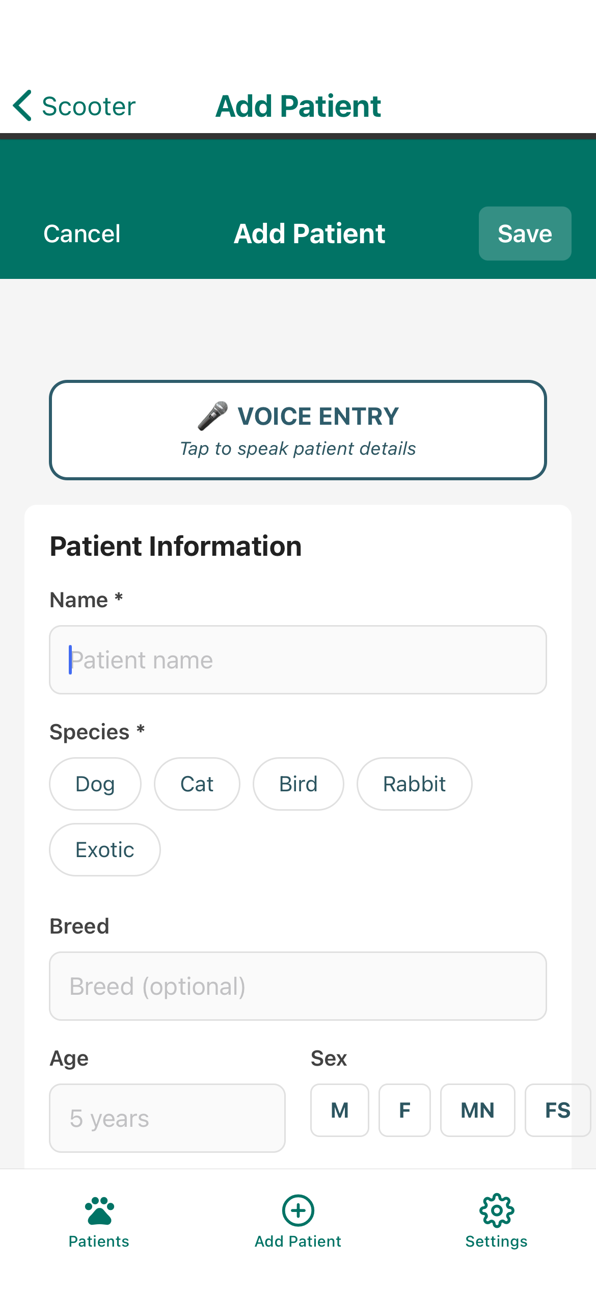 Scooter App Dashboard - Patient List View showing emergency veterinary workflow management