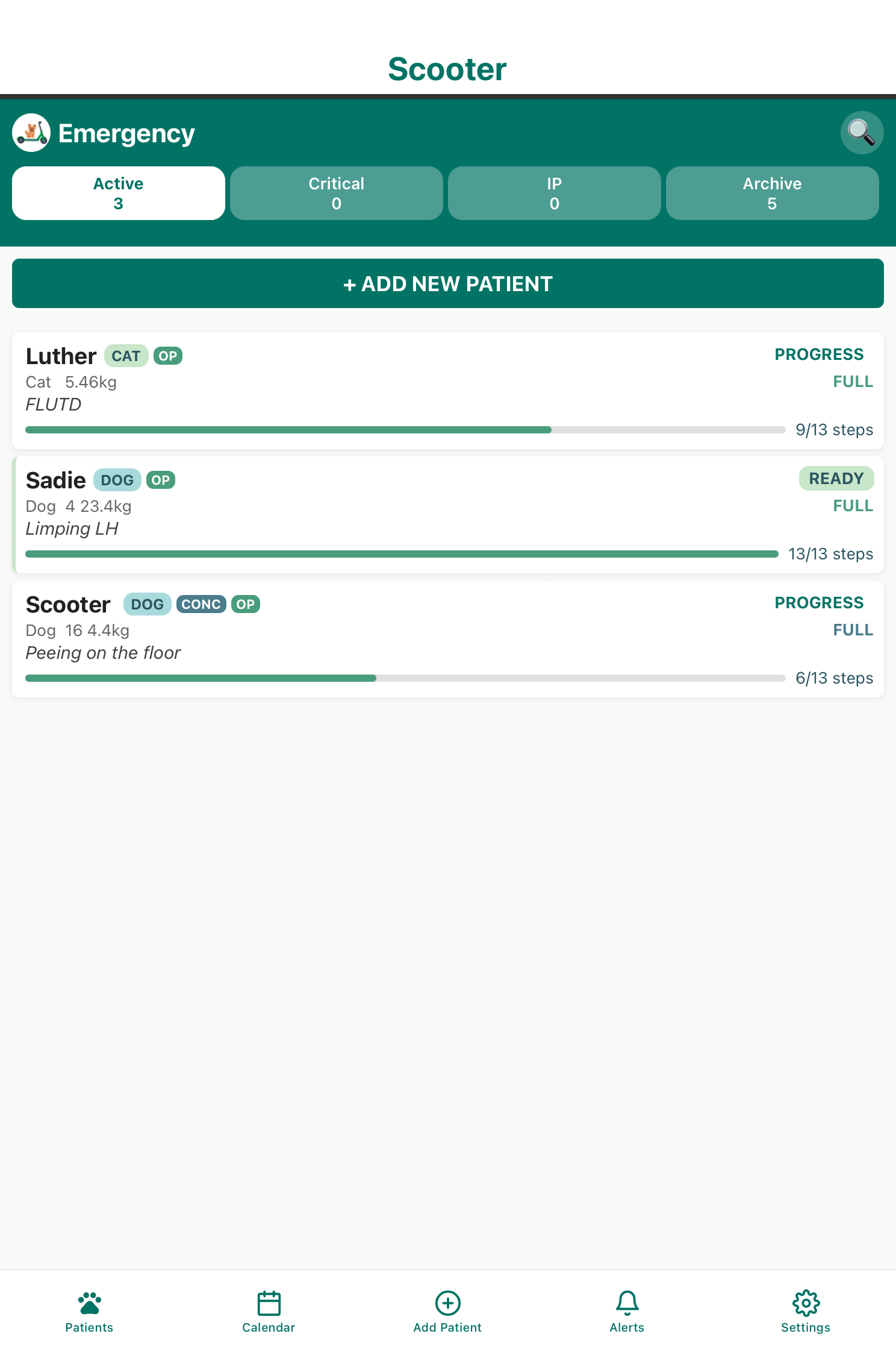 Scooter App Patient List - Comprehensive patient management dashboard showing active cases and workflow progress